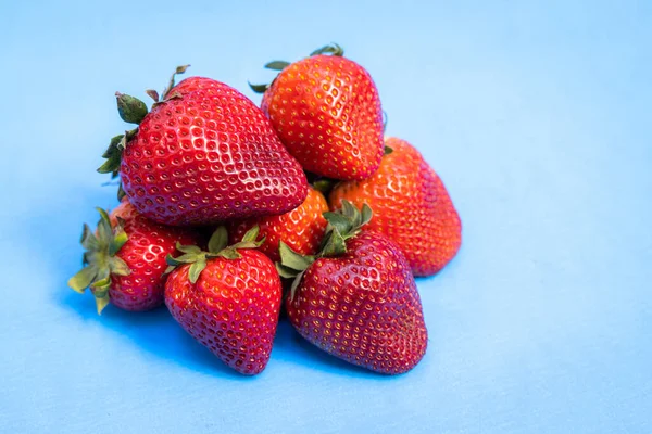 Primer Plano Montón Fresas Aisladas Sobre Fondo Azul —  Fotos de Stock