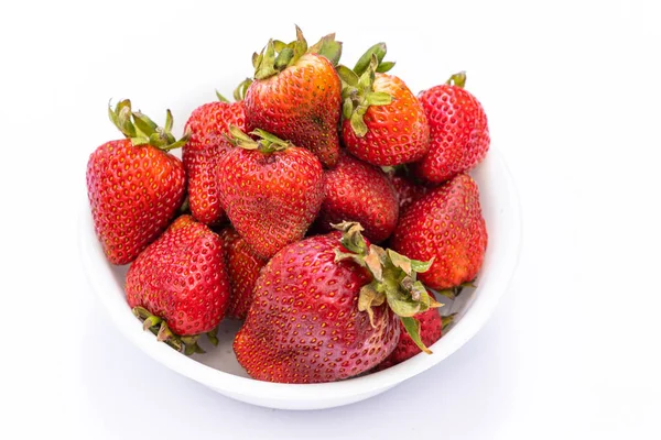 Bright Red Strawberries White Bowl Isolated White Background — Stock Photo, Image