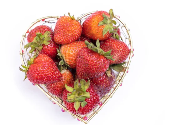 Bright Red Strawberries Heart Shaped Wire Basket White Background — Stock Photo, Image