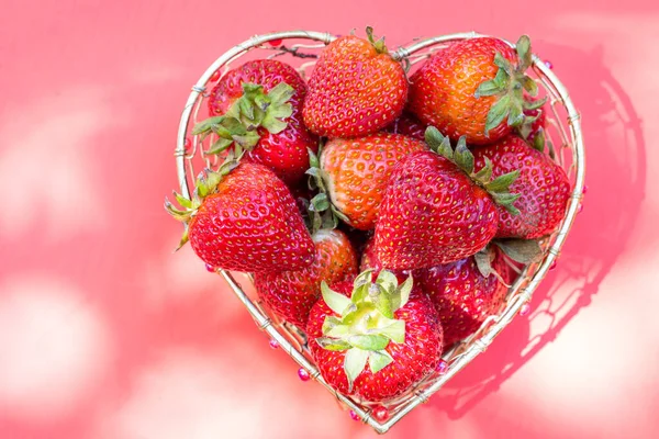 Fresas Rojas Brillantes Una Cesta Alambre Forma Corazón Sobre Fondo —  Fotos de Stock