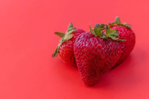 在红色背景下关闭3个新鲜成熟草莓 — 图库照片