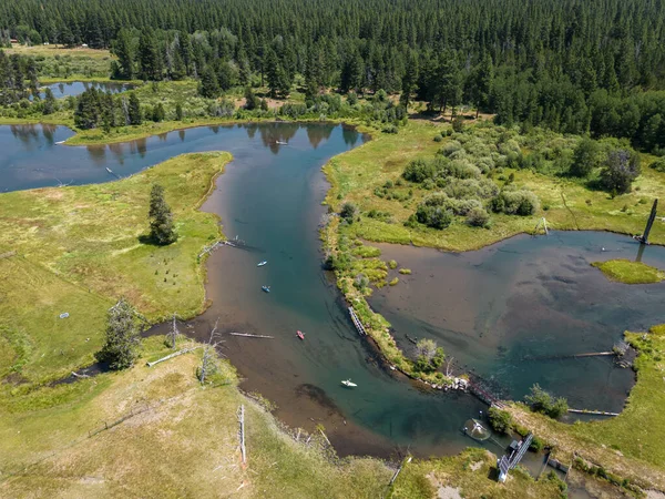 Aerial View Group Friends Kayaking Wood River Fort Klamath Southern — Stock Photo, Image