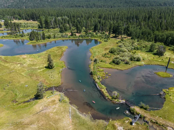 Aerial View Group Friends Kayaking Wood River Fort Klamath Southern — Stock Fotó