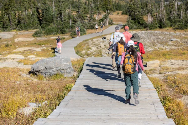 Park Narodowy Glacier Montana Usa Września 2022 Turyści Popularnym Szlaku — Zdjęcie stockowe