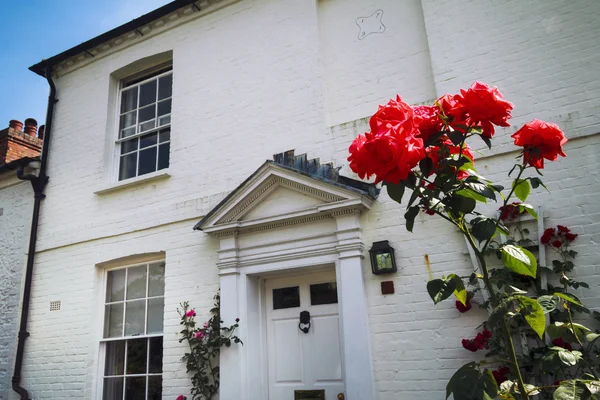 Kırmızı güller ve İngiliz ev — Stok fotoğraf