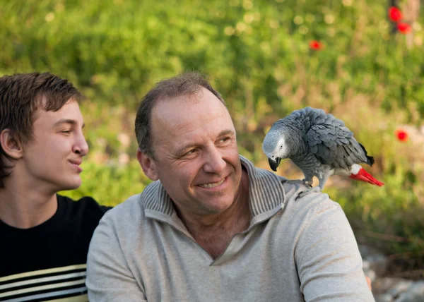 The teenager and his dad with a gray parrot Jaco. — Stock Photo, Image