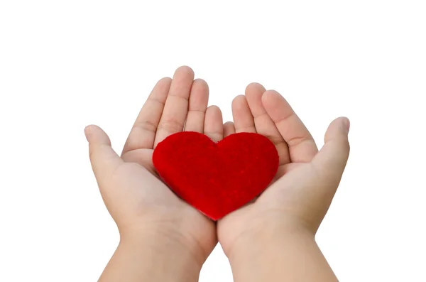 Rött hjärta i händerna på vit bakgrund, urklippsbana — Stockfoto