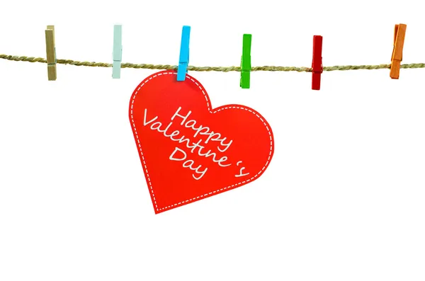 Cute big red heart hanging on the clothesline : isolated — Stock Photo, Image