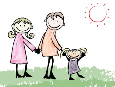 Baba, anne ve kızı karikatür çizimi