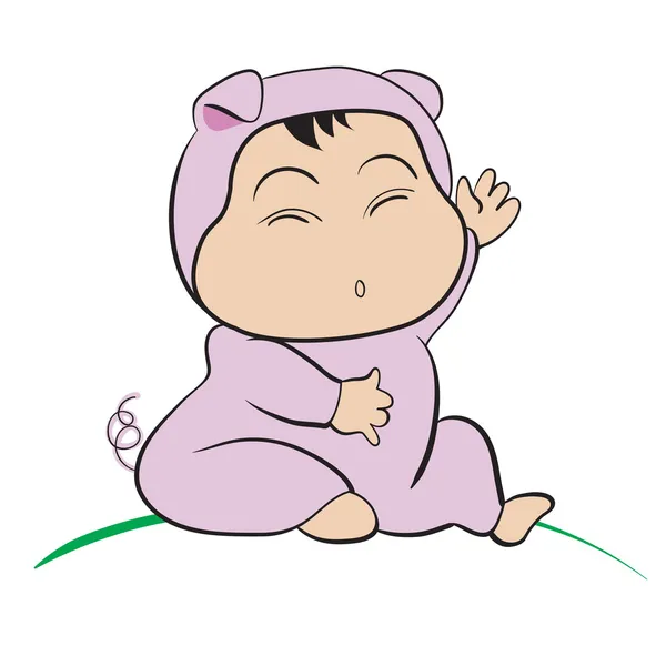 豚の衣装で赤ちゃん: ベクトルの手描きイラストで行われる — ストックベクタ