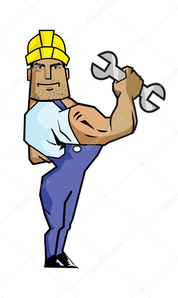 Strong Worker Man Holding Spanner