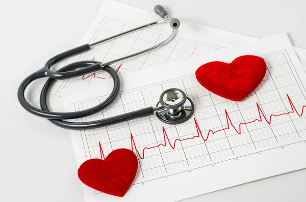 Stethoscope and two red heart on  electrocardiogram — Stock Photo, Image