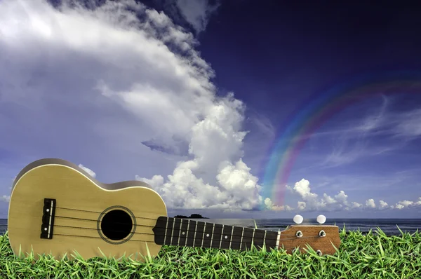Ukulele em grama verde fresco com céu azul e arco-íris — Fotografia de Stock