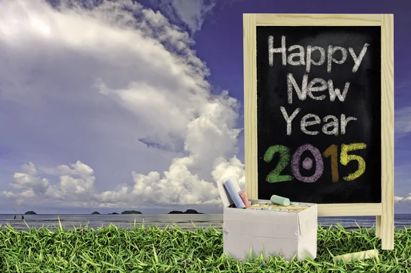 Ukulele s modrou oblohu a tabule 2015 text na trávě — Stock fotografie