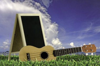 Ukulele mavi gökyüzü ve yeşil çimenlerin üzerinde boş yazı tahtası