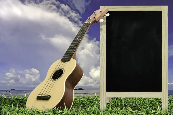 Ukulele con cielo blu e lavagna bianca su erba verde — Foto Stock