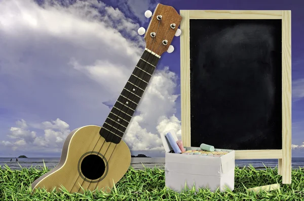 Ukelele met blauwe hemel en lege schoolbord op groen gras — Stockfoto