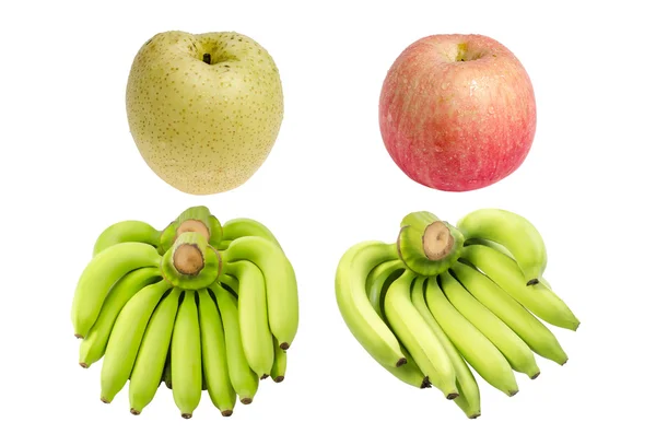 Collectie van bos van bananen, peren en appel geïsoleerd op wit — Stockfoto