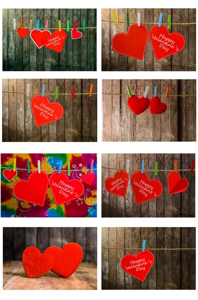 Sammlung von niedlichen roten Herzen, die an der Wäscheleine hängen. auf altem Holz Hintergrund. — Stockfoto