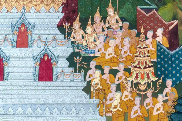 Thai Mural Painting on the wall, Wat Pho, Bangkok, Tailândia — Fotografia de Stock