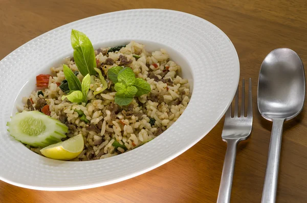 Fried basil leave with meat on rice — Stock Photo, Image