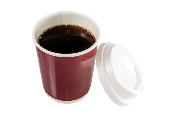 開かれた使い捨てのカップにコーヒー。white.clipping パスの分離打开一次性杯子里的咖啡。white.clipping 路径上孤立 — ストック写真