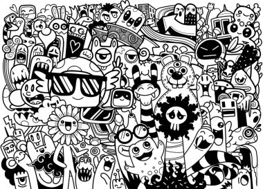 Sevimli canavarlar grubu, komik canavarlar takımı, uzaylılar ya da kutlama kartı ya da tişörtler için fantezi hayvanları. El çizimi sanat karikatürü vektör çizimi 