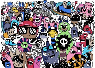 Sevimli canavarlar grubu, komik canavarlar takımı, uzaylılar ya da kutlama kartı ya da tişörtler için fantezi hayvanları. El çizimi sanat karikatürü vektör çizimi 