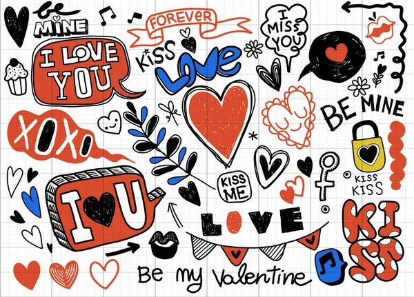 Amor Doodles Fondo Sketchy Dibujado Mano Doodles Conjunto Dibujos Animados — Vector de stock