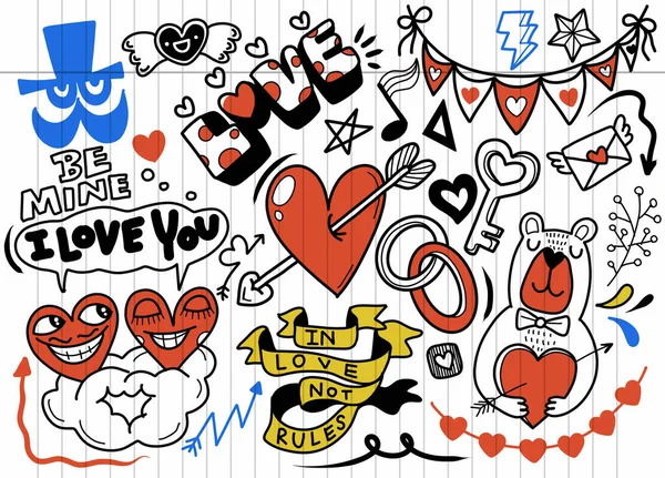 Αγάπη Doodles Φόντο Σκίτσο Χέρι Ζωγραφισμένα Doodles Σύνολο Κινουμένων Σχεδίων — Διανυσματικό Αρχείο
