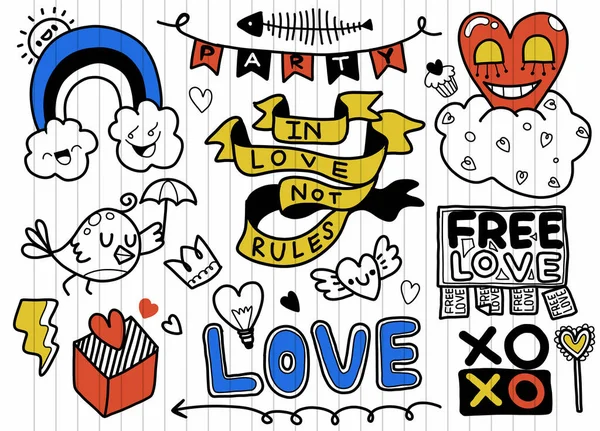 愛の落書きの背景 スケッチな手の愛とバレンタインデーのオブジェクトとシンボルの漫画セットを描いた — ストックベクタ