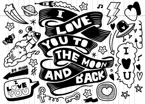 月とに戻ると私がみたい 銀河イラストと手描き文字引用 — ストックベクタ