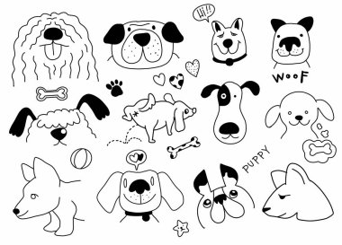 El karalama vektörü. Komik köpekler, pençe izleri ve kemiklerle tırman. Şirin yüzey tasarımı