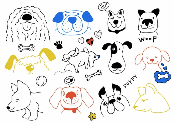 Mão Doodle Vetor Clipart Com Cães Engraçados Impressões Pata Ossos — Vetor de Stock