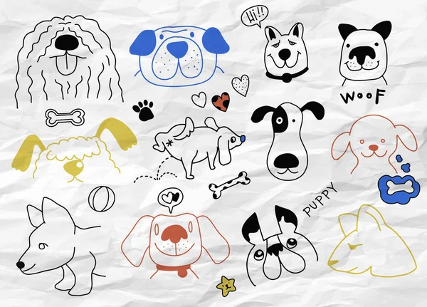 Mão Doodle Vetor Clipart Com Cães Engraçados Impressões Pata Ossos — Vetor de Stock