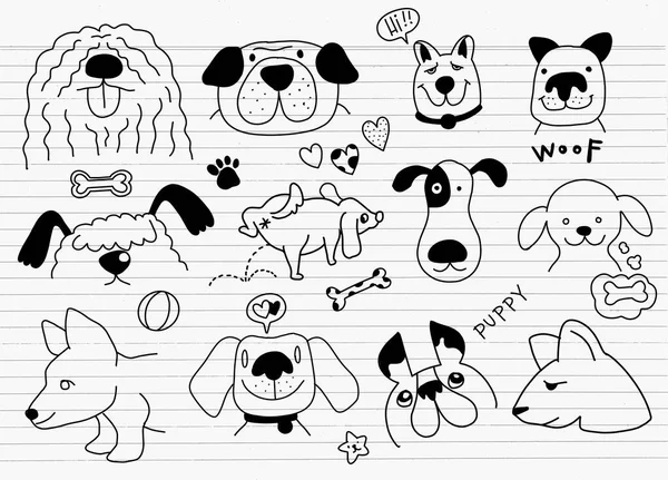 Mano Doodle Vector Clipart Con Perros Divertidos Huellas Pata Huesos — Archivo Imágenes Vectoriales