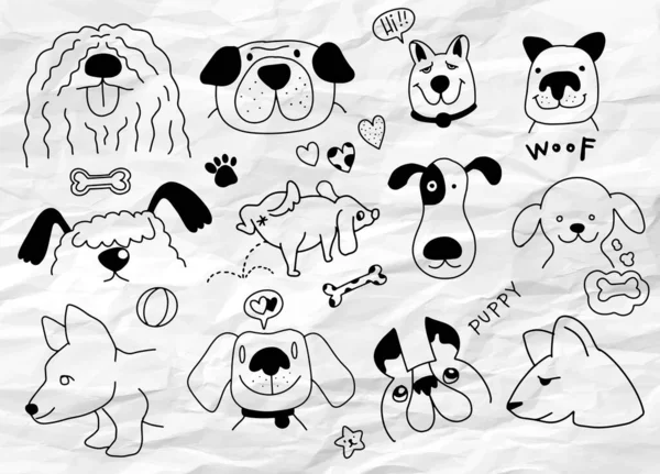 Mano Doodle Vector Clipart Con Perros Divertidos Huellas Pata Huesos — Archivo Imágenes Vectoriales