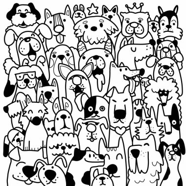 El çizimi soyut, sevimli çizgi roman karakterleri. Köpekli desen. Şirin köpek suratı. Karikatür karikatür duvar kağıdı. resimleme.