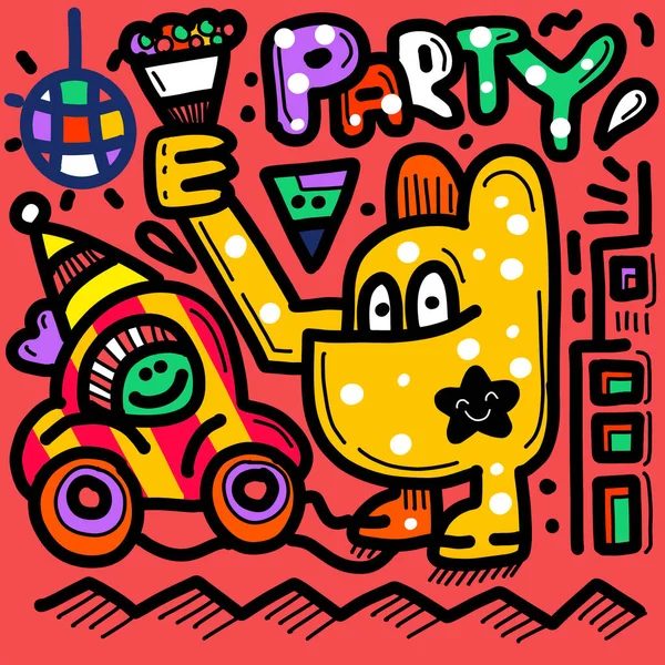 Hand Drawn Abstract Party Cute Comic Characters Party Themed Cartoon — Stock Vector