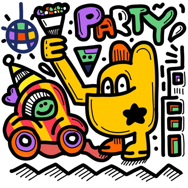 Met Hand Getekend Abstract Party Leuke Stripfiguren Party Thema Cartoon — Stockvector