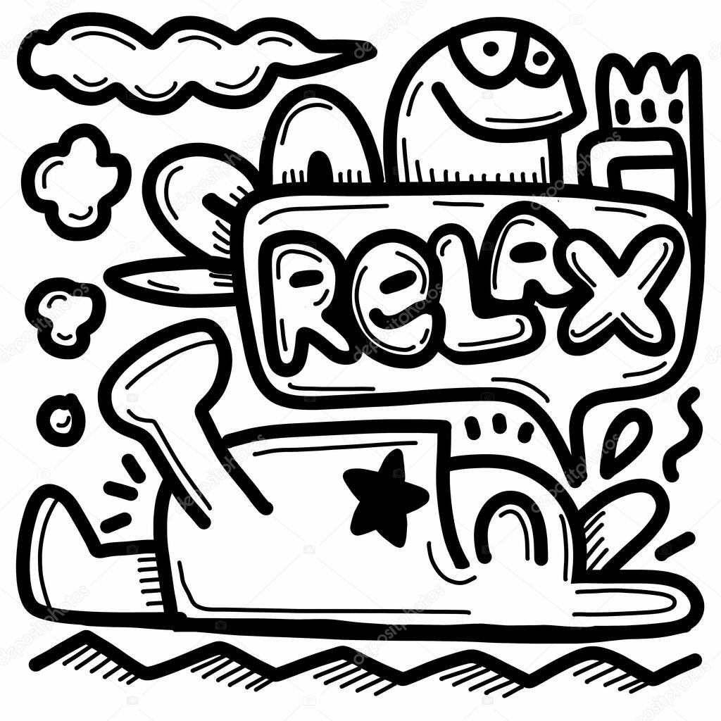 Hand drawn Abstract Relaxny cute Comic characters. Relax themed cartoon drawings with the word Relax written in a doodle style