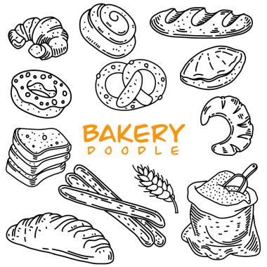 Çeşitli el yapımı ekmek ürünleri, karalama stili vektör illüstrasyonları, çizilmiş ekmek vektör setli vintage pastane afişleri.. 