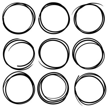 El çizimi çember çizimi seti. İleti notu tasarım ögesi için vektör dairesel karalama yuvarlak daireler. Kalem ya da kalem graffiti kabarcığı ya da top taslağı çizimi