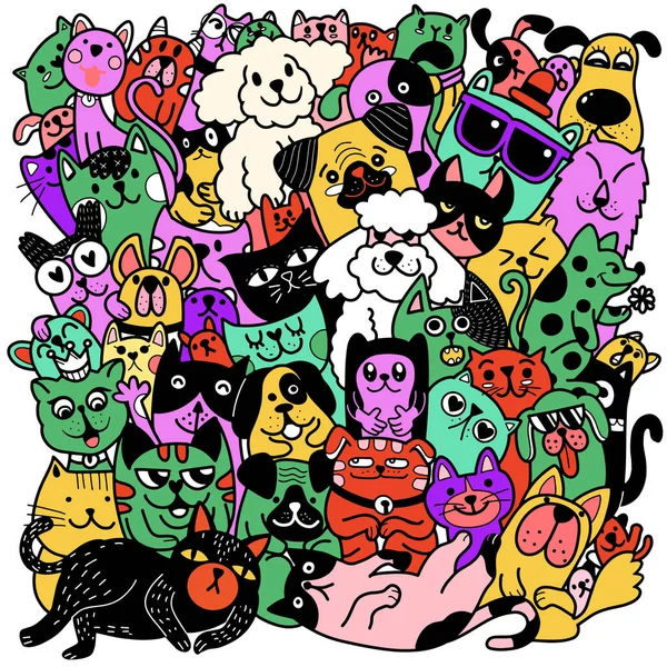 Animales Patrón Vectorial Gatos Perros Doodles Dibujados Mano Mascotas — Vector de stock