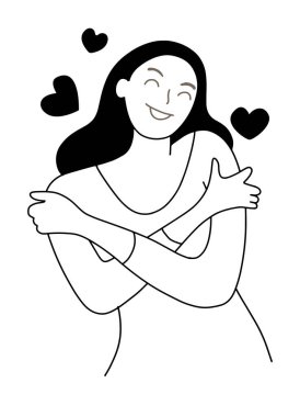 Kendini sev. Kendine sarıl, tek başına aşk kavramı. Kız Sağlık Hizmetleri Derisi. Kendine zaman ayır. Çizim. Beyaz arka planda kırmızı kalplerle kendine sarılan bir kadın. Çizgi çizme biçimi.