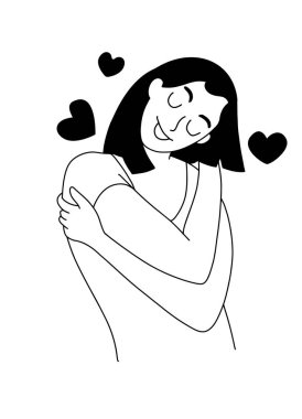 Kendini sev. Kendine sarıl, tek başına aşk kavramı. Kız Sağlık Hizmetleri Derisi. Kendine zaman ayır. Çizim. Beyaz arka planda kırmızı kalplerle kendine sarılan bir kadın. Çizgi çizme biçimi.