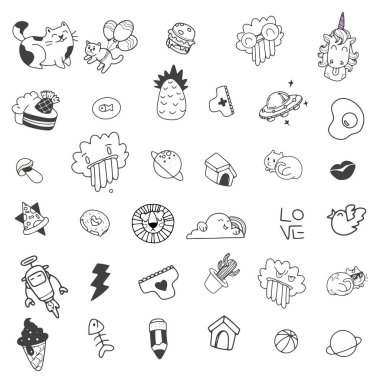 Sevimli el çizimi karalama vektör seti, kalp ve yaratıcı tasarım vektör koleksiyonu. Boyama kitabı için desen.