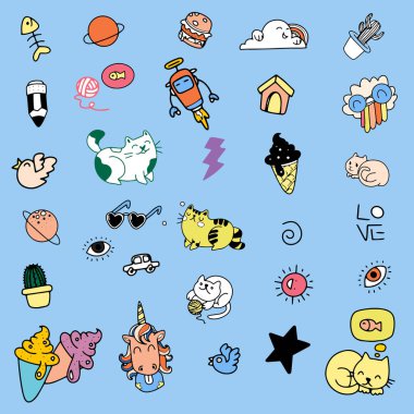 Sevimli el çizimi karalama vektörü seti, Kedi, Aşk, Tekboynuz, pasta, bulut, hava, gökkuşağı, renkli karalamalı soyut çizimler