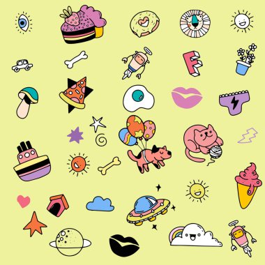 Sevimli el çizimi karalama vektörü seti, Kedi, Aşk, Tekboynuz, pasta, bulut, hava, gökkuşağı, renkli karalamalı soyut çizimler