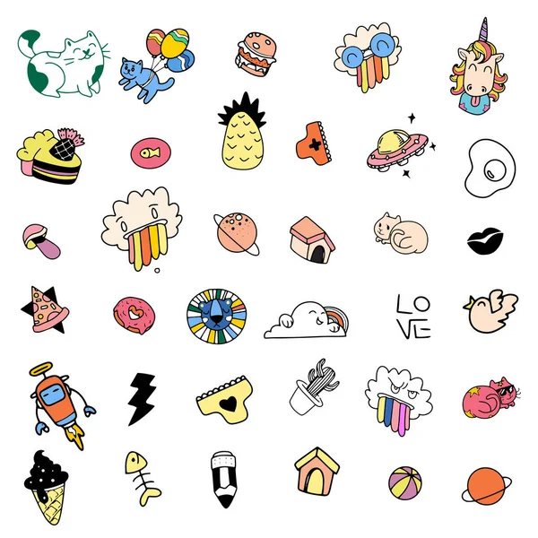 Sevimli el çizimi karalama vektörü seti, Kedi, Aşk, Tekboynuz, pasta, bulut, hava, gökkuşağı, renkli karalamalı soyut çizimler